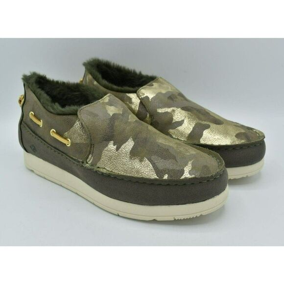Sperry Womens 9.5 Moc-Sider Olive Metallic Camo Microfleece Lined Slip On Shoes - Picture 3 of 10